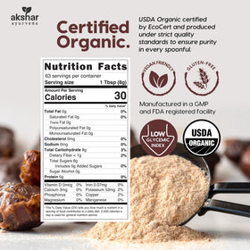 AKSHAR Ayurveda Date Sugar organic certification seal visible on packaging.