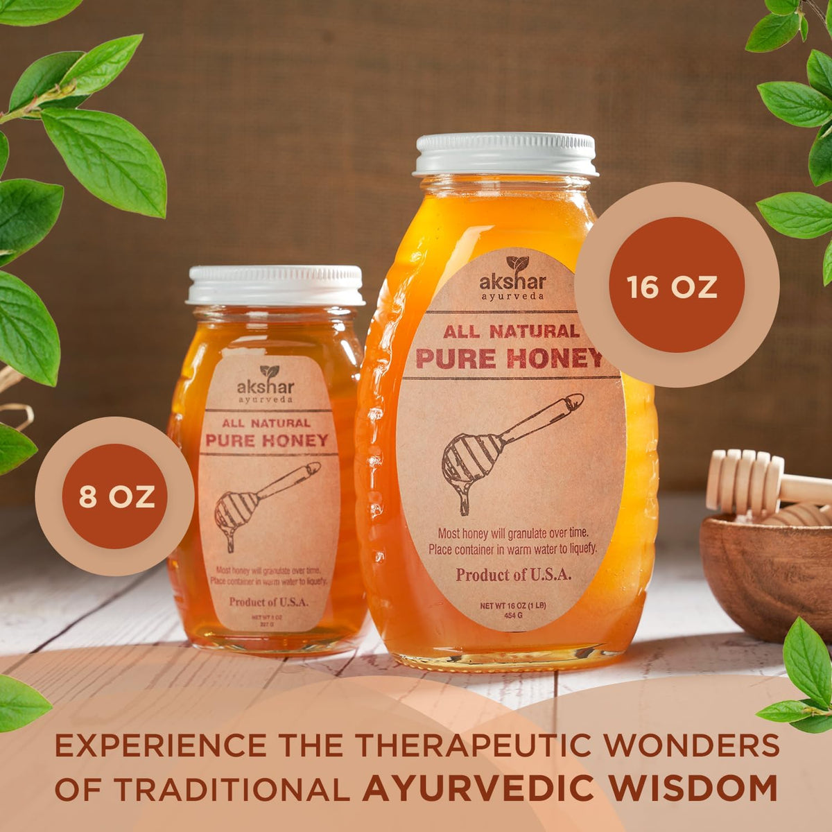 Label close-up showing purity and no additives in AKSHAR honey.