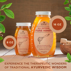 Label close-up showing purity and no additives in AKSHAR honey.