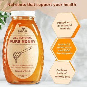 US-sourced AKSHAR honey from Midwest hives ensuring real flavor and quality.