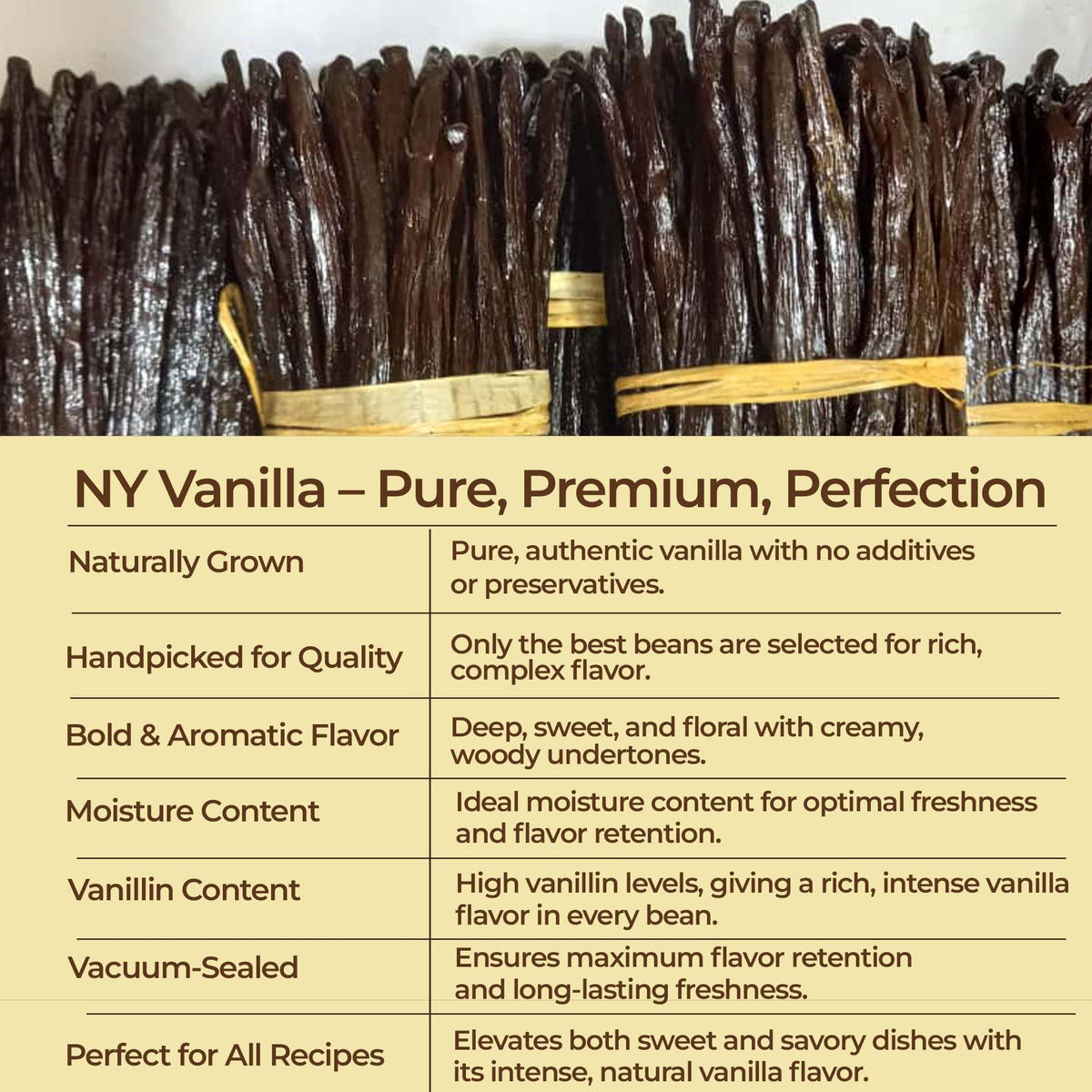 Cured Akshit vanilla beans with 33% moisture for pliability