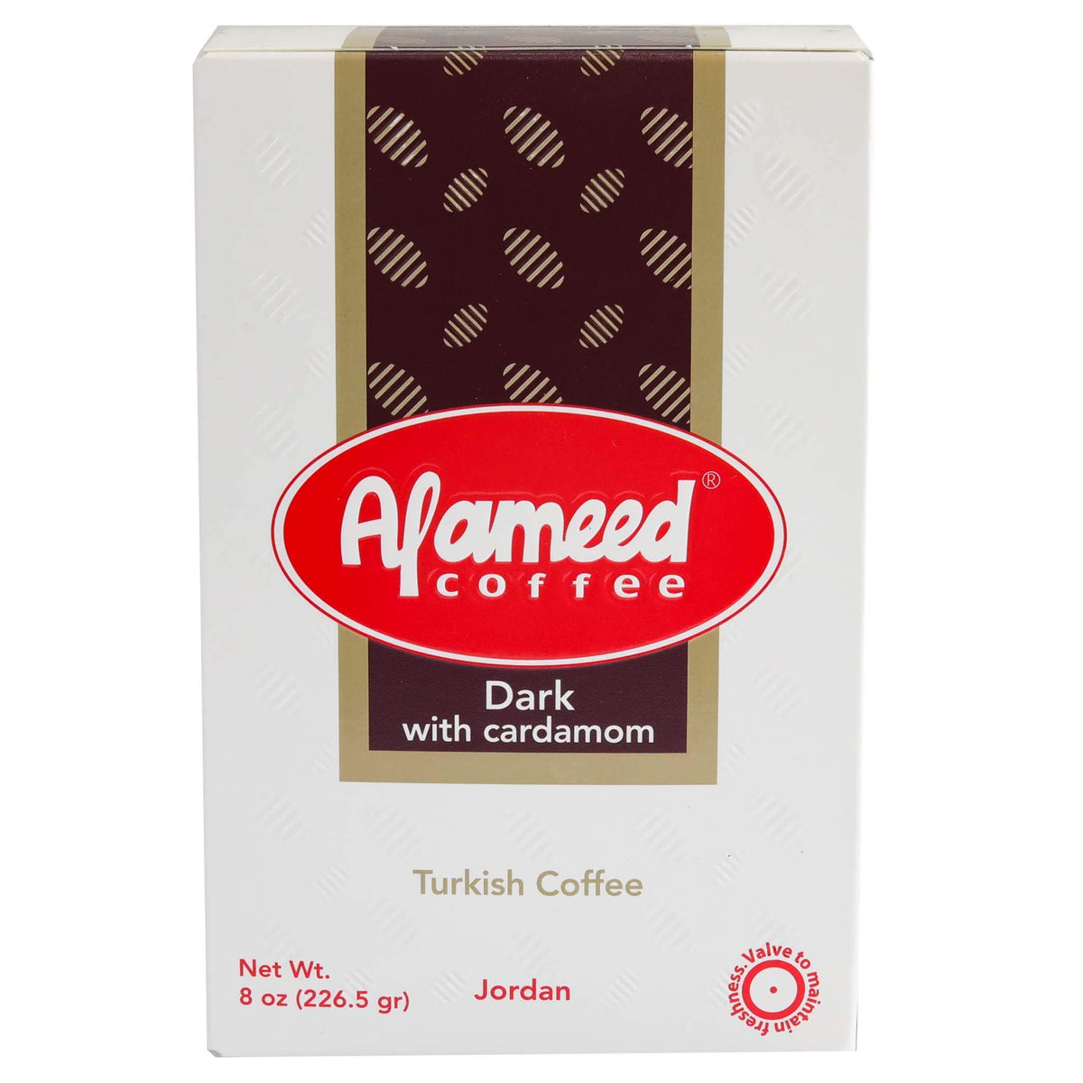 Al Ameed Turkish ground coffee with cardamom in packaging, premium freshness for Turkish-style brew.