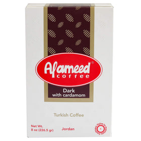 Al Ameed Turkish ground coffee with cardamom in packaging, premium freshness for Turkish-style brew.