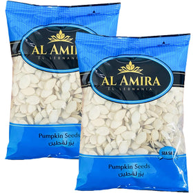 Al Amira pumpkin seeds two-pack front view with two 300g bags for snacking.