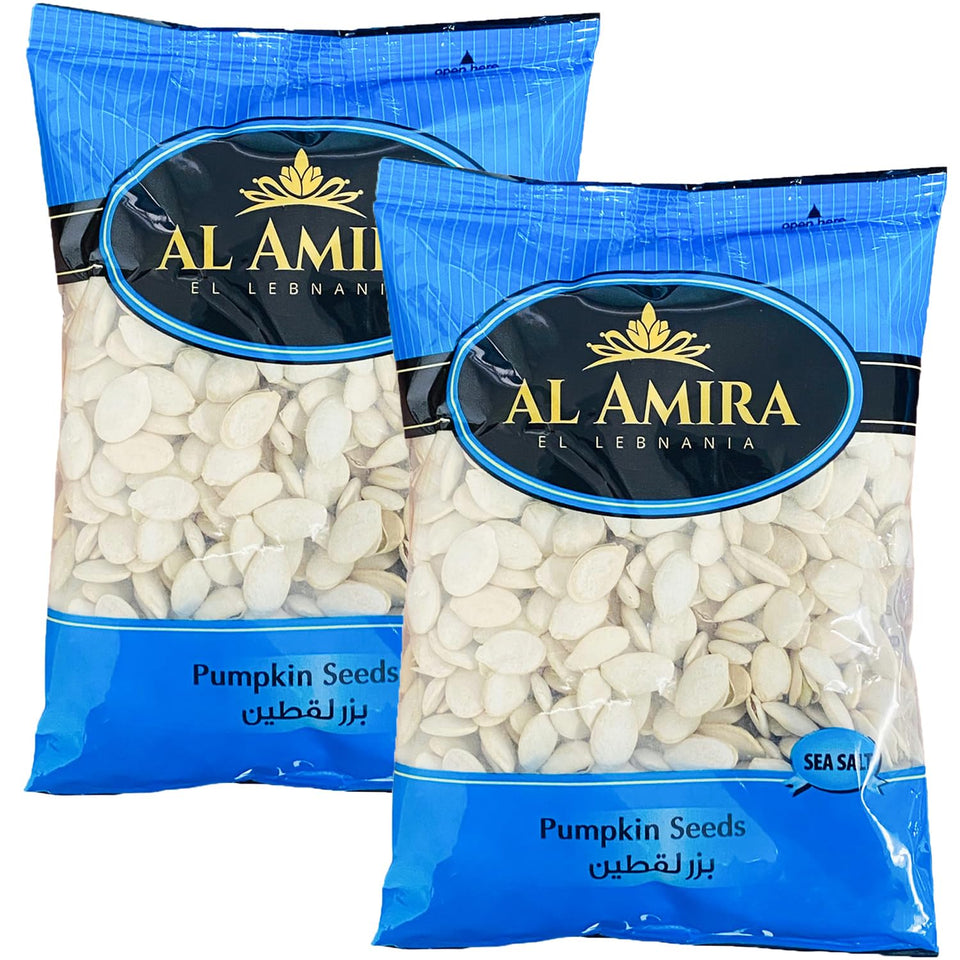 Al Amira pumpkin seeds two-pack front view with two 300g bags for snacking.
