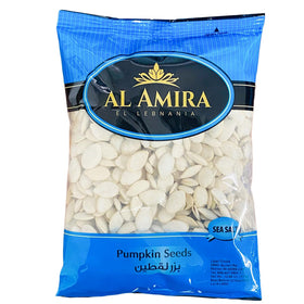 Al Amira pumpkin seeds two-pack side view highlighting Lebanon origin.