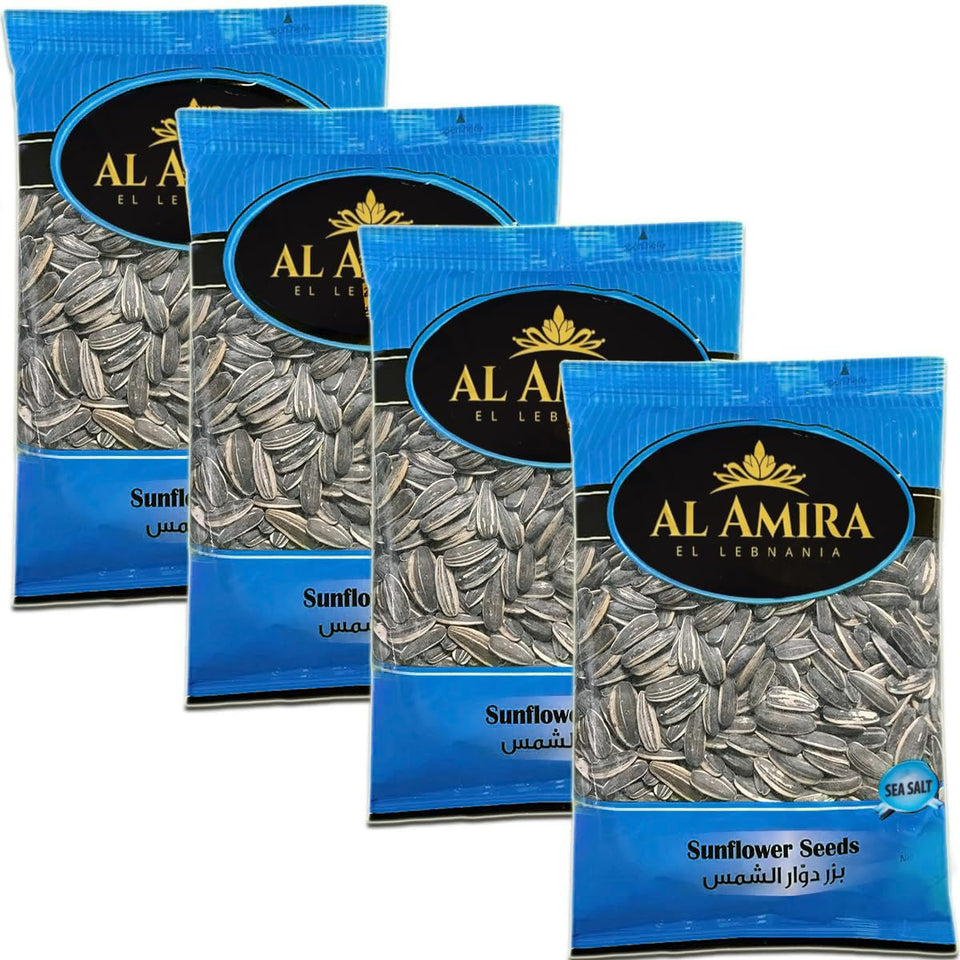 Al-Amira roasted sea salted Lebanese sunflower seeds in a 4-pack packaging for easy snacking.