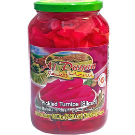 Al Dayaa pickled turnips sliced in a glass jar label close-up perfect for snacking.