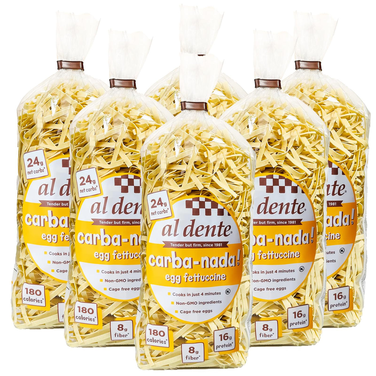AL DENTE Carba-Nada Egg Fettuccine six-pack on shelf, low carb option for meals