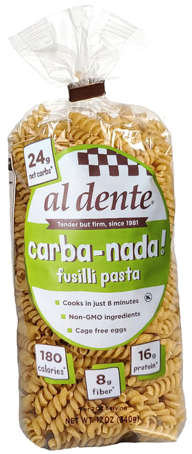 AL DENTE Carba-Nada Fusilli cooked portion ready to serve with sauces and veggies.