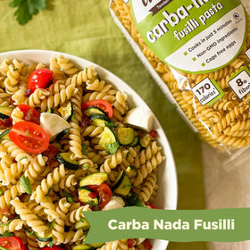 Al Dente Carba-Nada Fusilli nutrition facts label highlights 24g net carbs per serving.