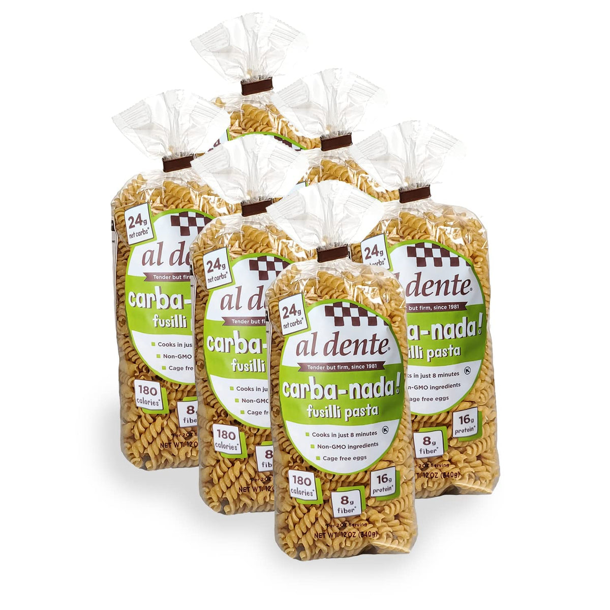 Al Dente Carba-Nada Fusilli pack shows six 12oz bags for easy meal prep.