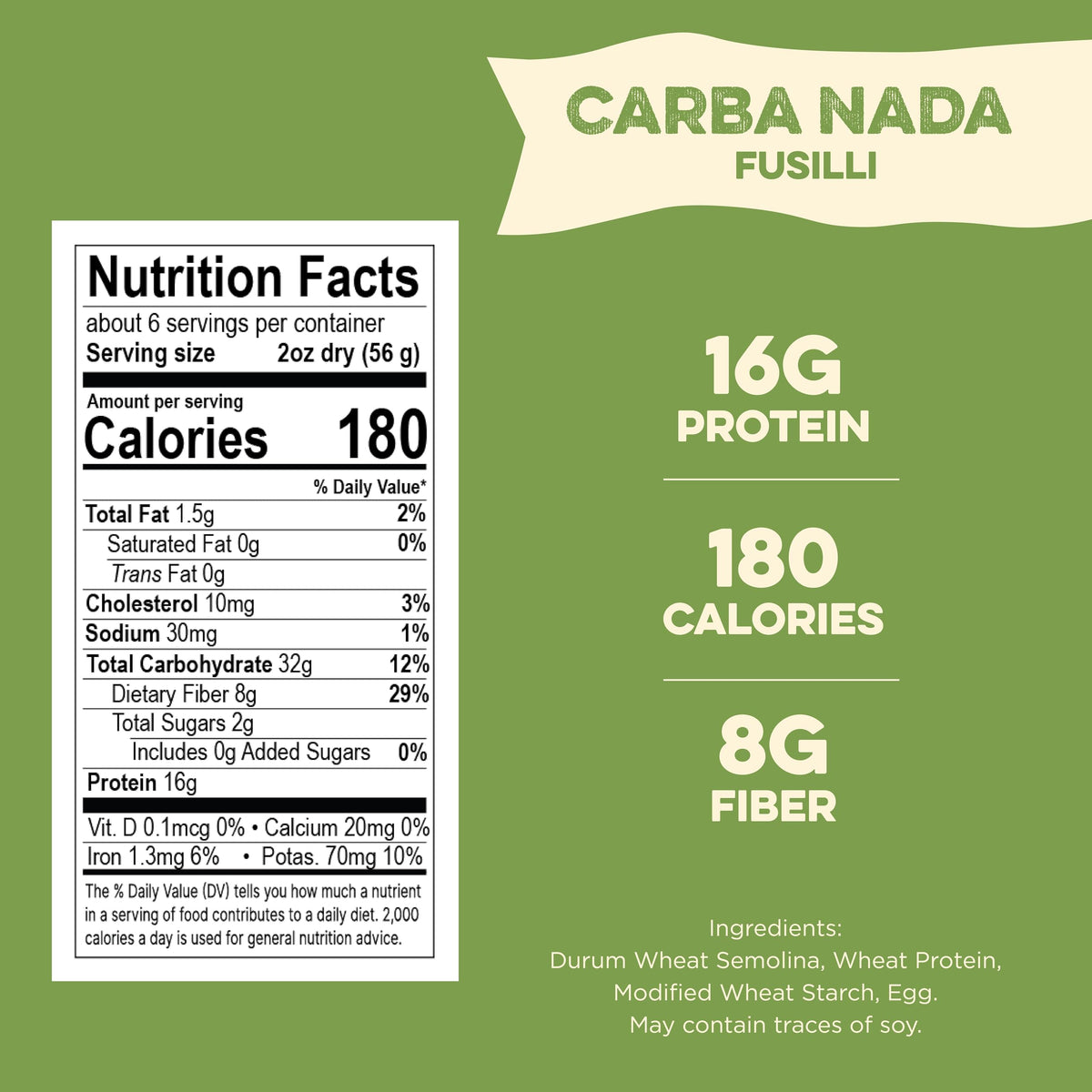 Al Dente Carba-Nada Fusilli raw dried pasta highlights non-GMO ingredients.
