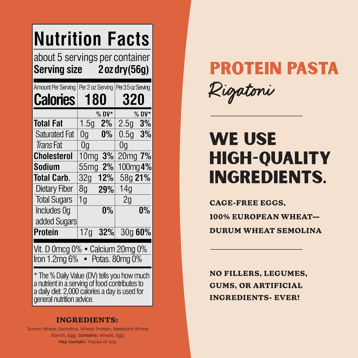 AL DENTE Protein Pasta cage-free eggs ingredient emphasizes wholesome pasta basics