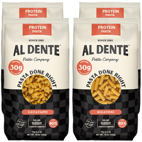 AL DENTE Protein Pasta cavatappi pack highlights premium ingredients for quick satisfying meals