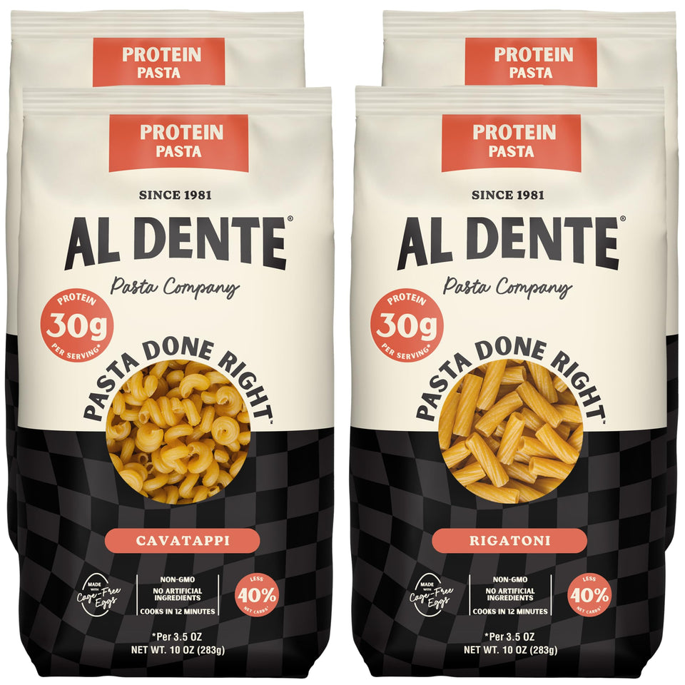 AL DENTE Protein Pasta cavatappi pack highlights premium ingredients for quick satisfying meals
