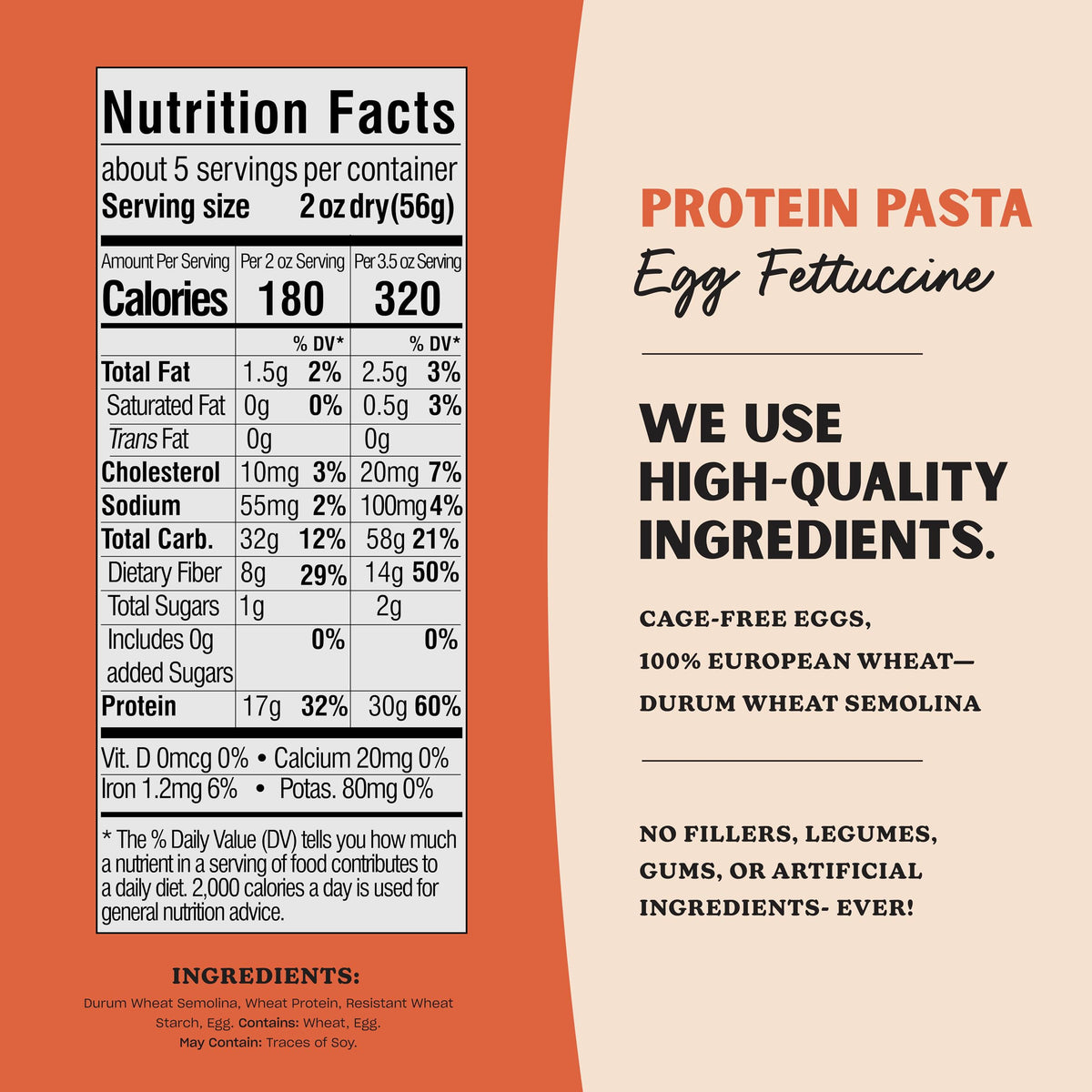 Raw AL DENTE Protein Pasta Egg Fettuccine ingredients: cage-free eggs and semolina