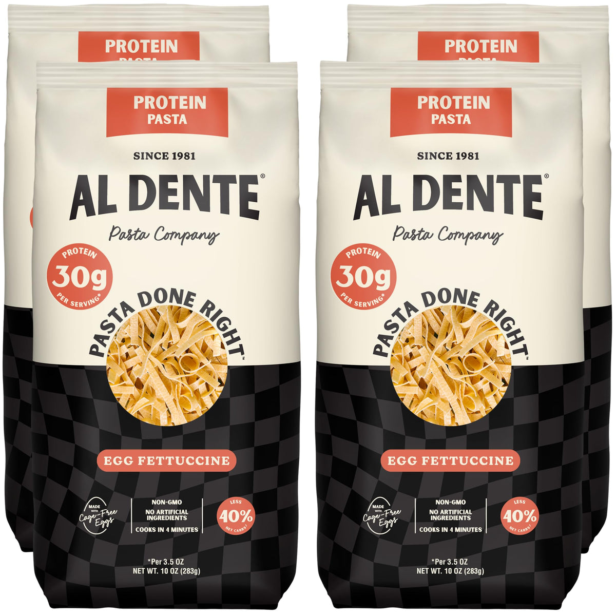 AL DENTE Protein Pasta Egg Fettuccine packaging style shows the new look and same quality.