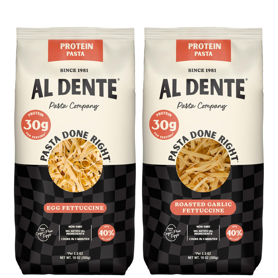 AL DENTE Protein Pasta Egg & Roasted Garlic Fettuccine packaging showing the new look for protein meals