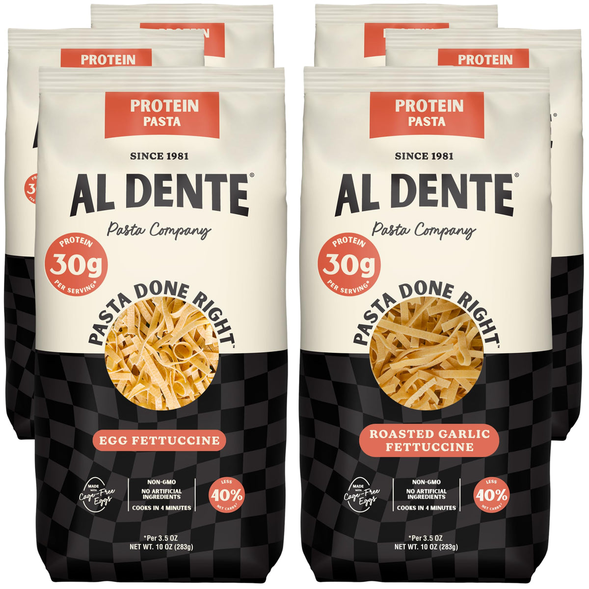AL DENTE Protein Pasta packaging with new look and high-protein promise.