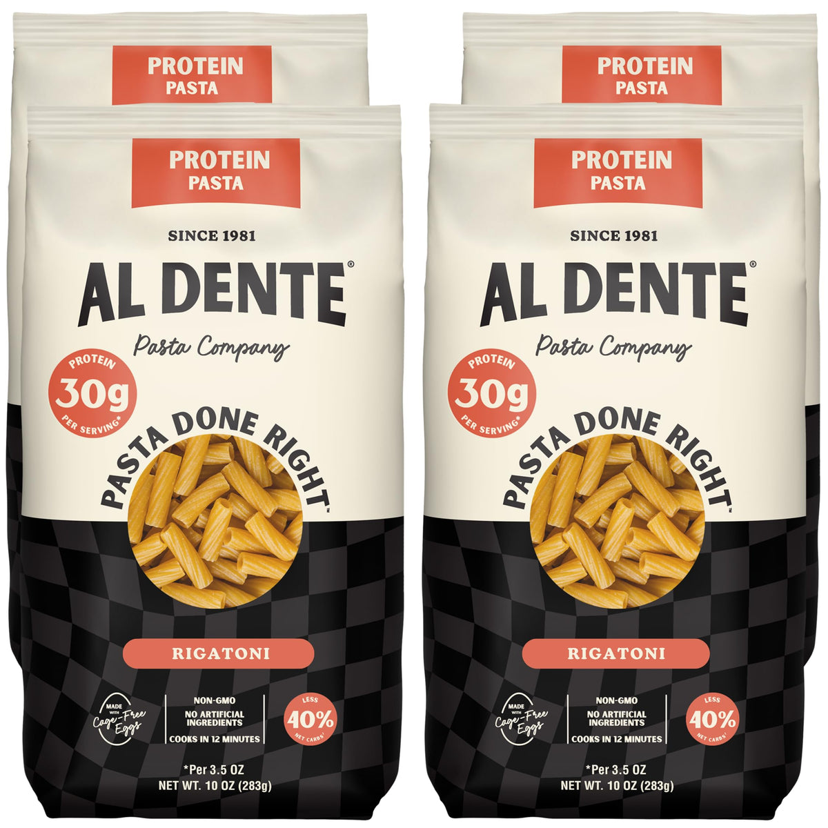 Al Dente Protein Pasta Rigatoni packaging transition with the same great flavor
