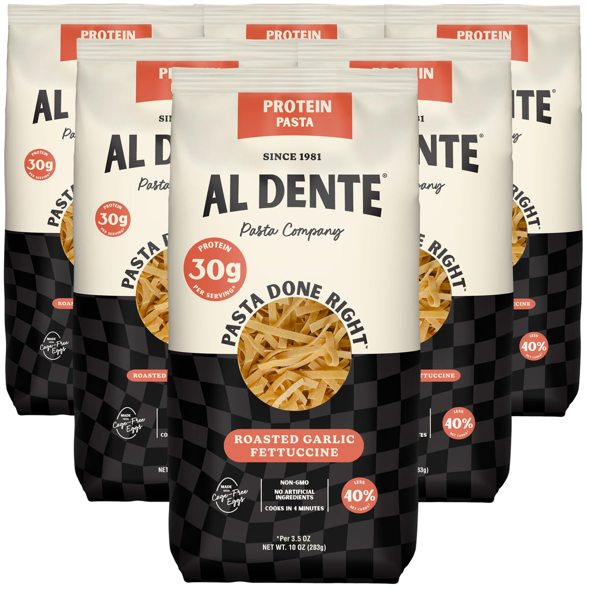 AL DENTE protein pasta packaging front highlights premium ingredients for quick, satisfying meals
