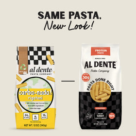 AL DENTE Protein Pasta uncooked bags show portioning concept for meal planning