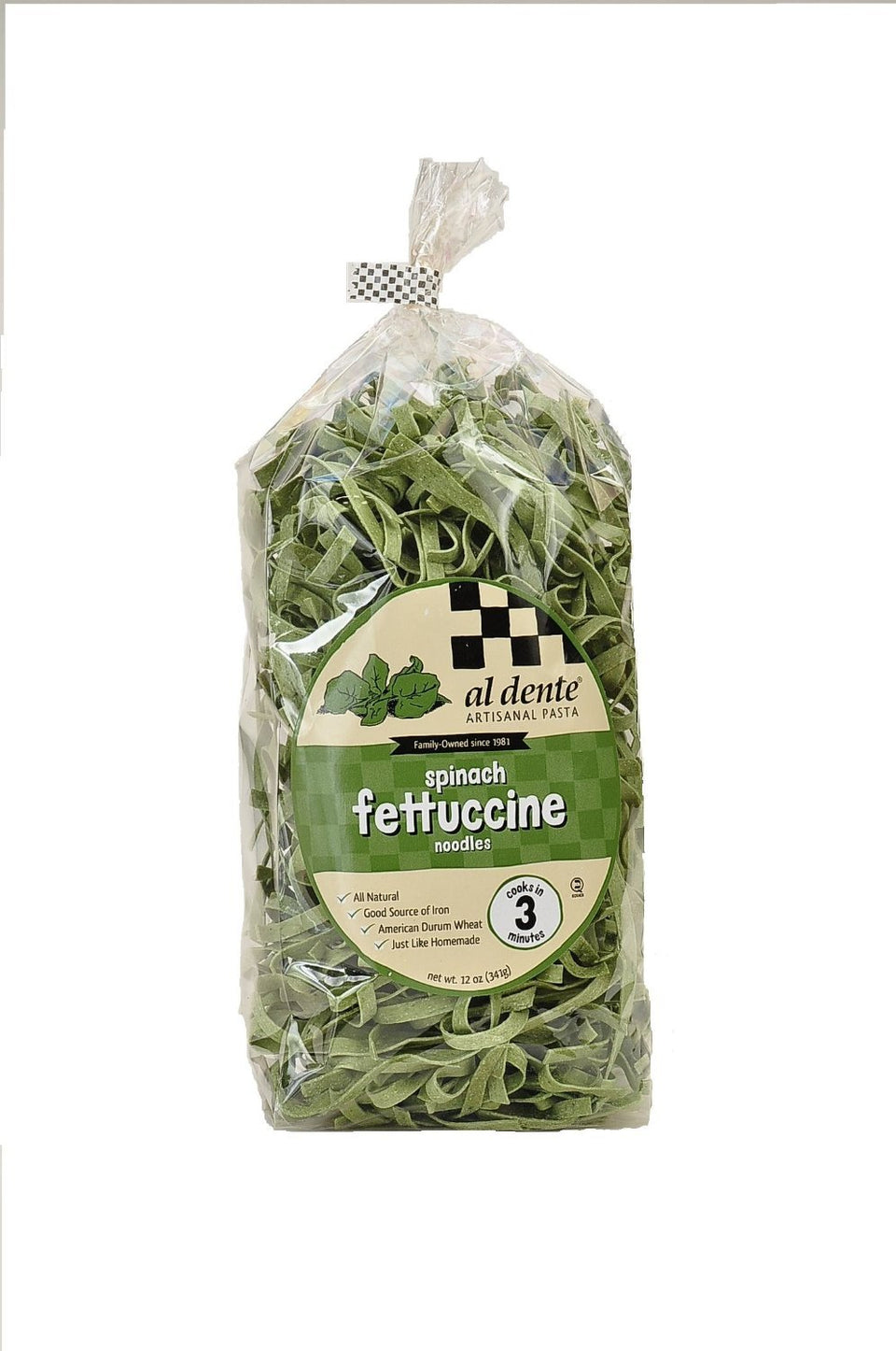 Al Dente Spinach Fettuccine 12-oz bag pack of 2, vibrant green pasta for versatile sauces.