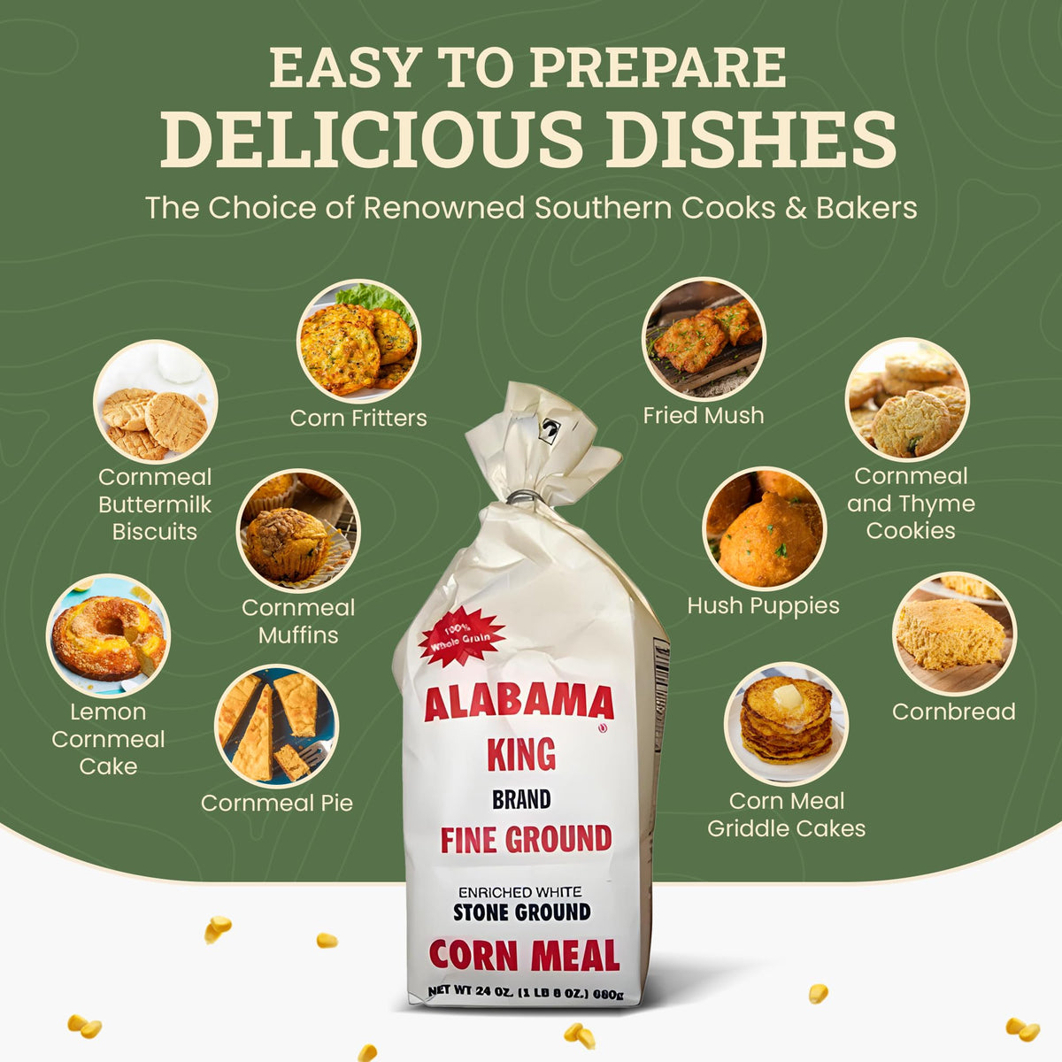 Golden-brown cooked cornbread slice beside Alabama King pack-3 texture shown.