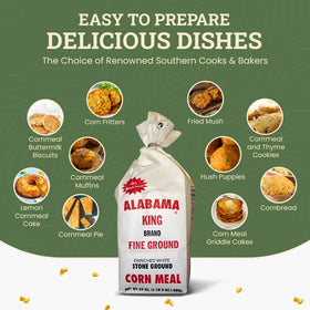Golden-brown cooked cornbread slice beside Alabama King pack-3 texture shown.