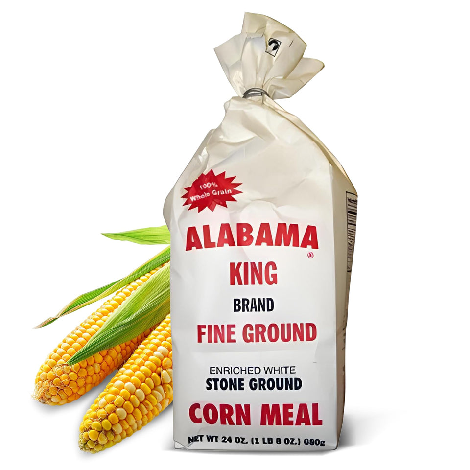 The image shows Alabama King pack-3 fine-ground enriched white corn meal in bags for warm cornbread.
