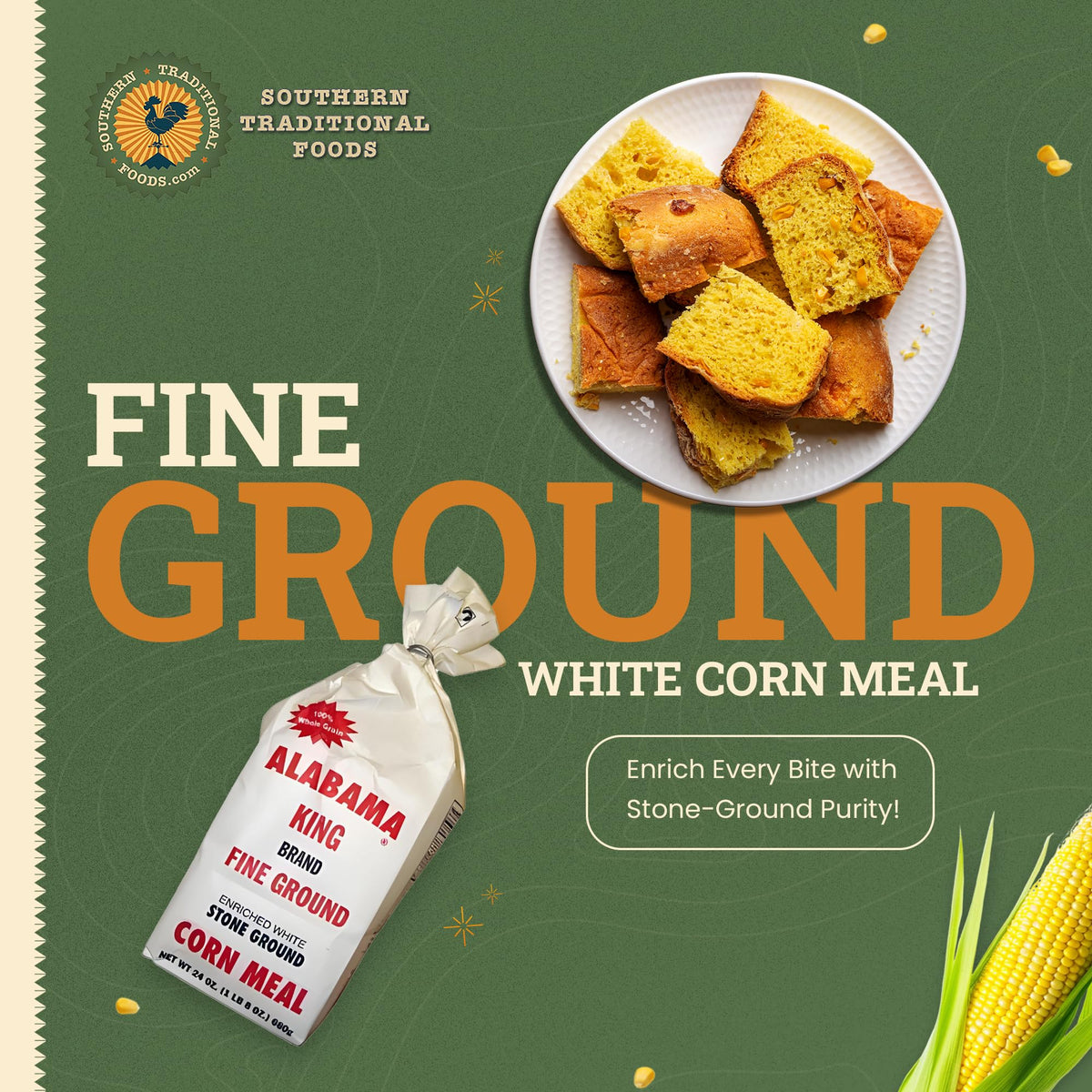 Close-up of Alabama King pack-3 fine-ground enriched white corn meal texture ideal for light baking.
