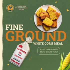 Close-up of Alabama King pack-3 fine-ground enriched white corn meal texture ideal for light baking.