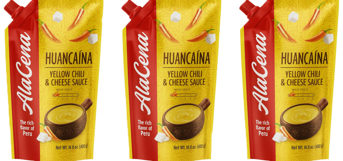 ALACENA Huancaina sauce pack 3 jar front view, creamy texture ready for dipping.