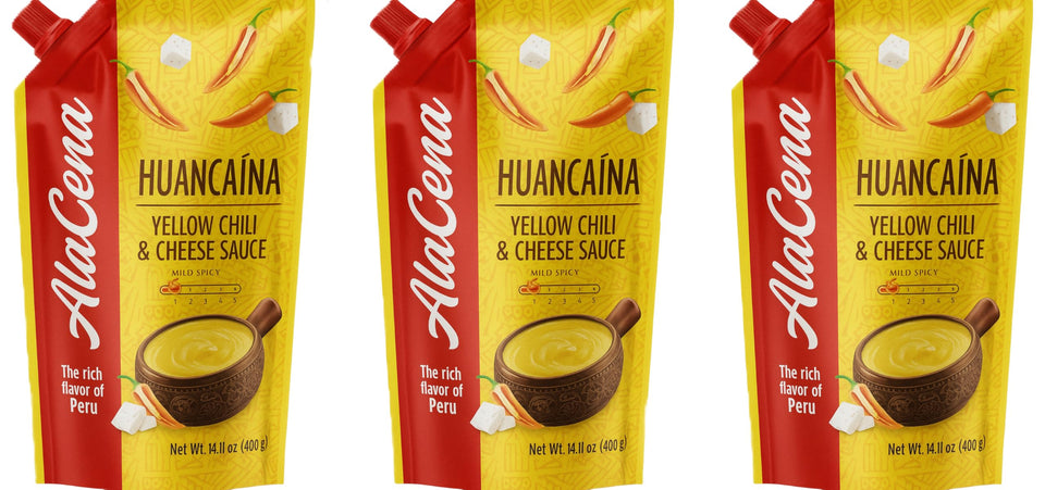 ALACENA Huancaina sauce pack 3 jar front view, creamy texture ready for dipping.