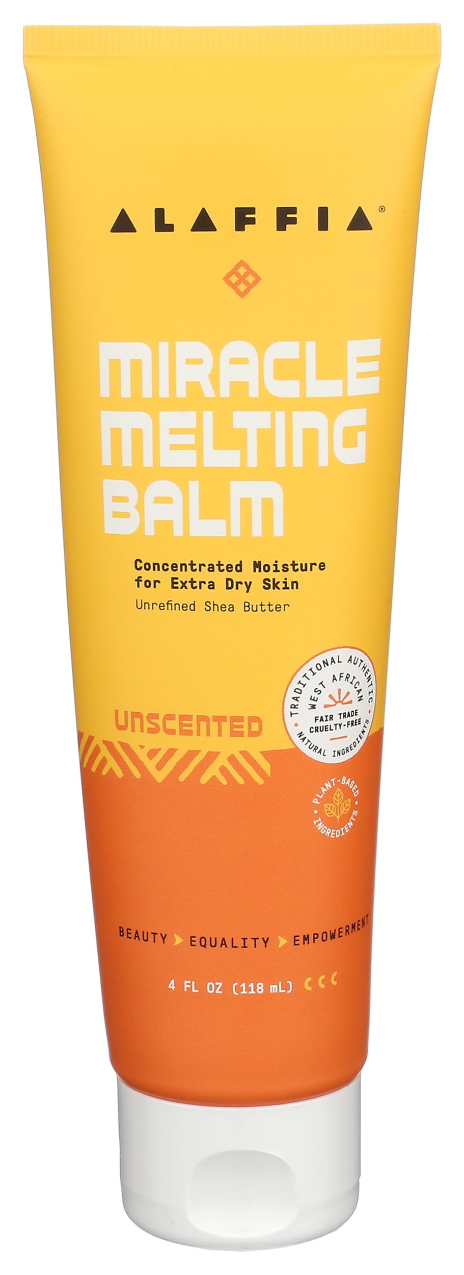 Alaffia unscented melting miracle balm 4oz tub showing silky texture for gentle hydration