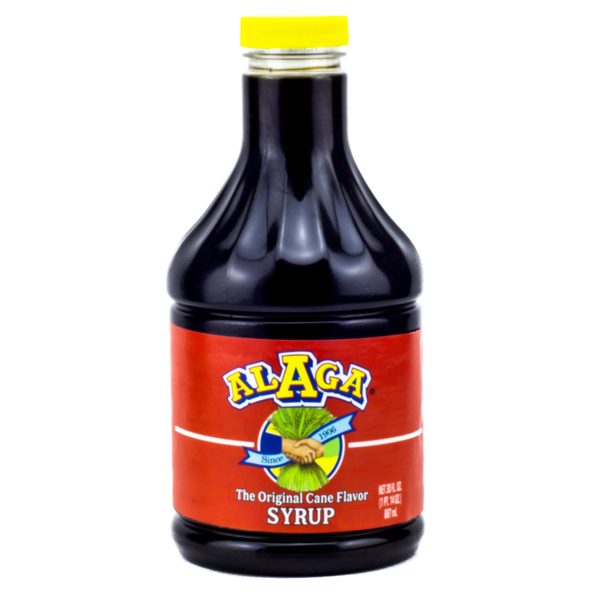 Alaga Original Cane Syrup 30oz bottle on kitchen counter, perfect for pancake topping.