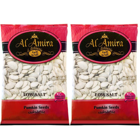 Al-Amira low salt pumpkin seeds 2-pack packaging, convenient reseal for on-the-go snacking.