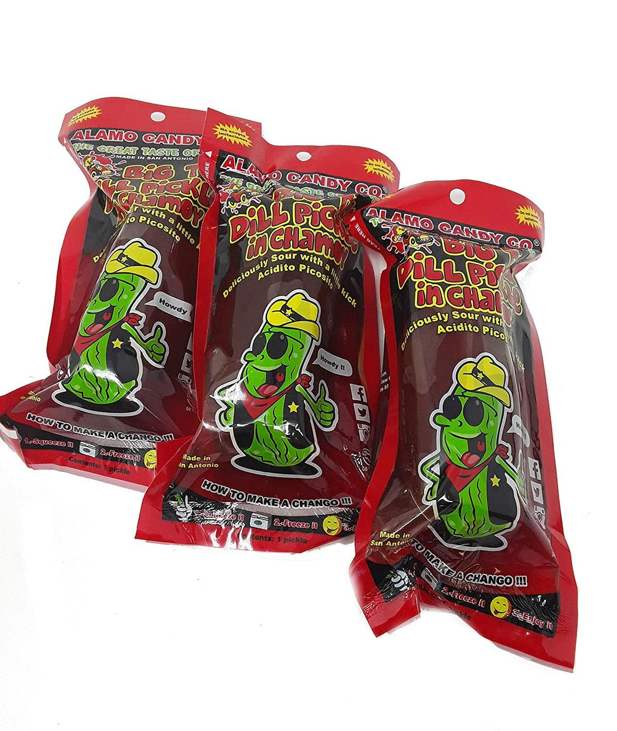 Alamo Candy Big Tex dill pickle in chamoy with three pickles on display, bold fusion snack