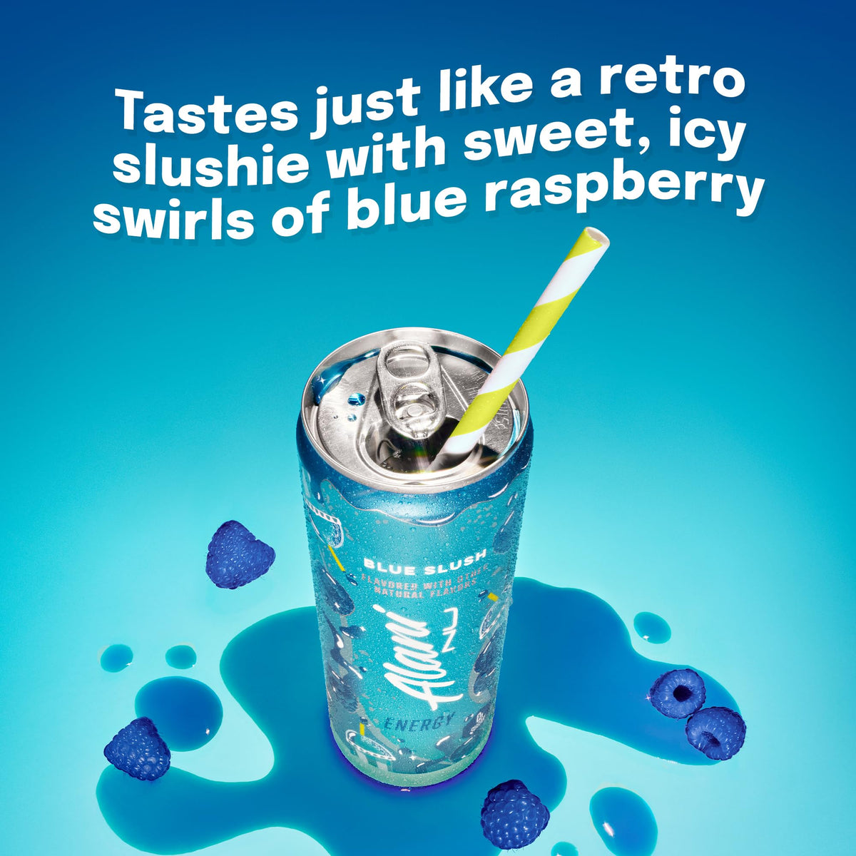 Alani Nu Blue Slush can back view showing nutrition and caffeine content