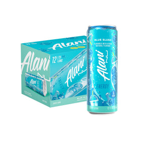 Alani Nu Blue Slush can front view highlighting zero sugar and 10 calories