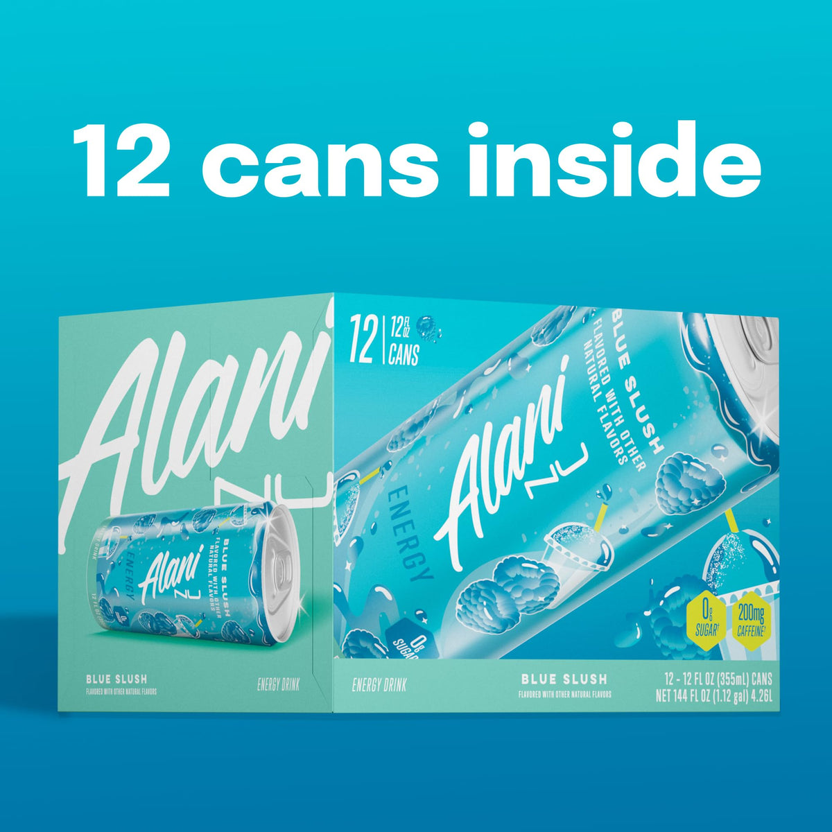 Alani Nu Blue Slush ingredients panel highlights caffeine and vegan ingredients