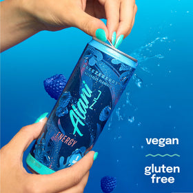 Alani Nu Breezeberry energy icons highlight caffeine and B vitamins.