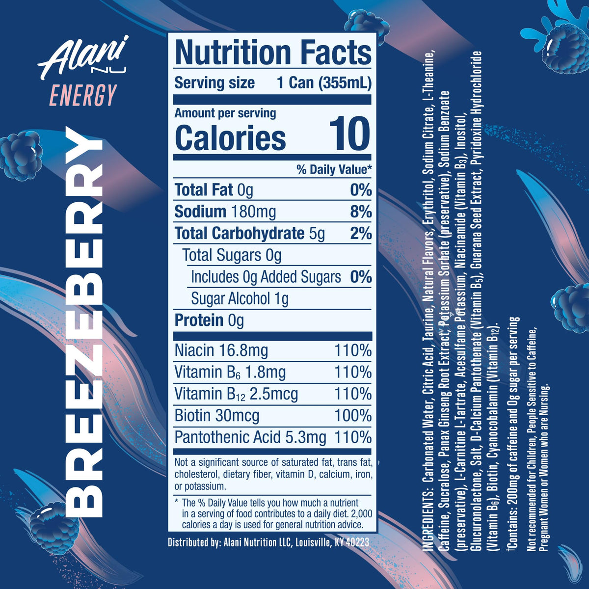 Alani Nu Breezeberry can side panel highlights 200mg caffeine