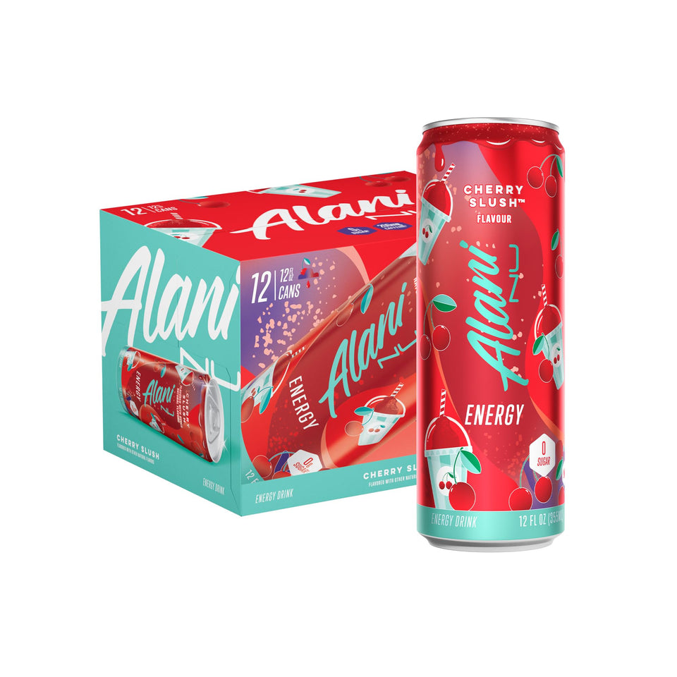Alani Nu Cherry Slush bottle showing zero-sugar energy boost for busy days.