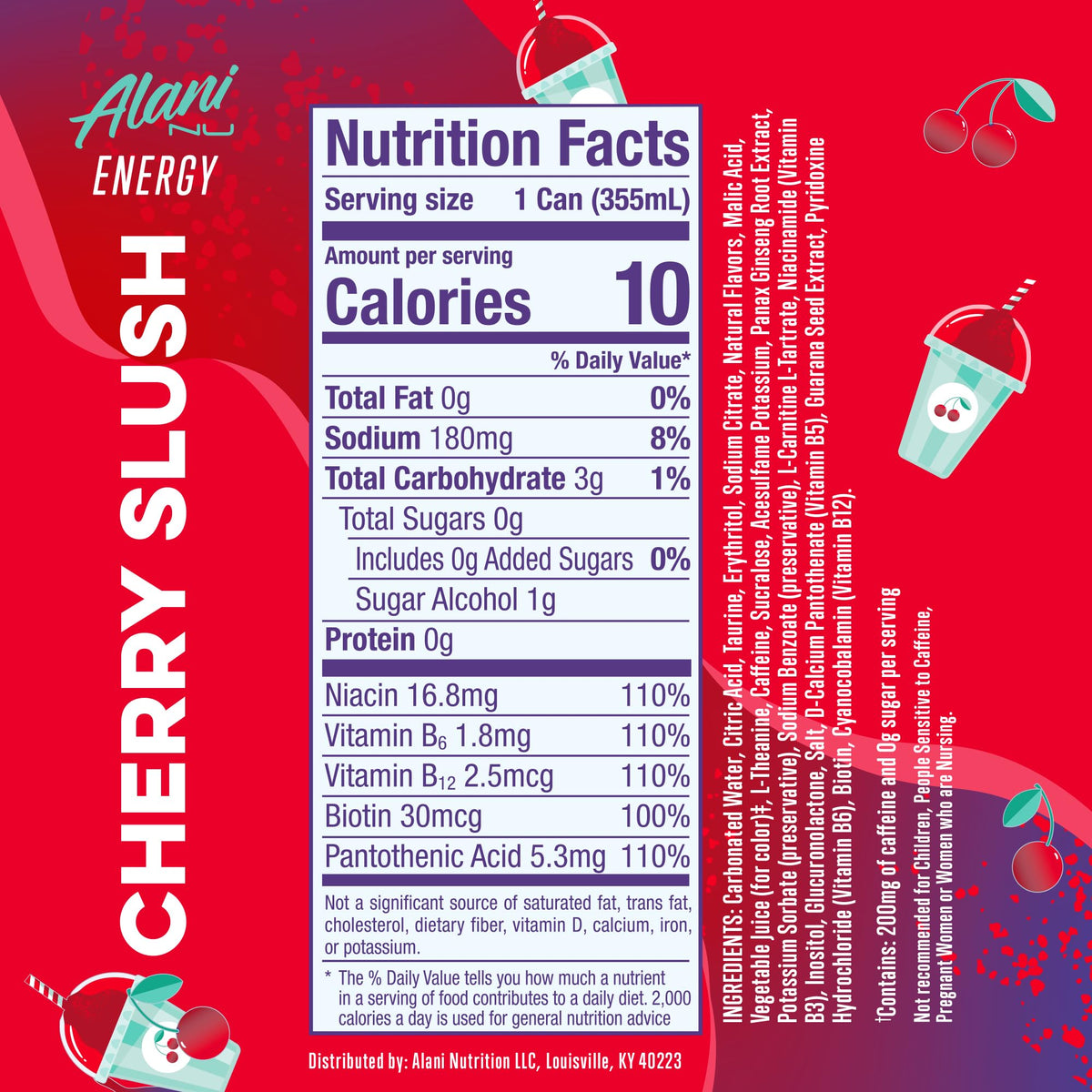 Alani Nu Cherry Slush can side view showing 200 mg caffeine