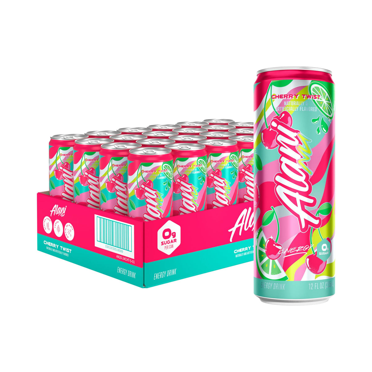 Alani Nu Cherry Twist can front view highlights bold flavor and zero sugar.