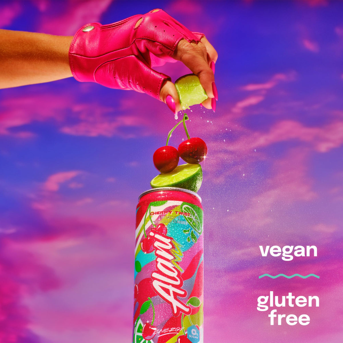 Alani Nu Cherry Twist close-up reveals vibrant color and carbonation