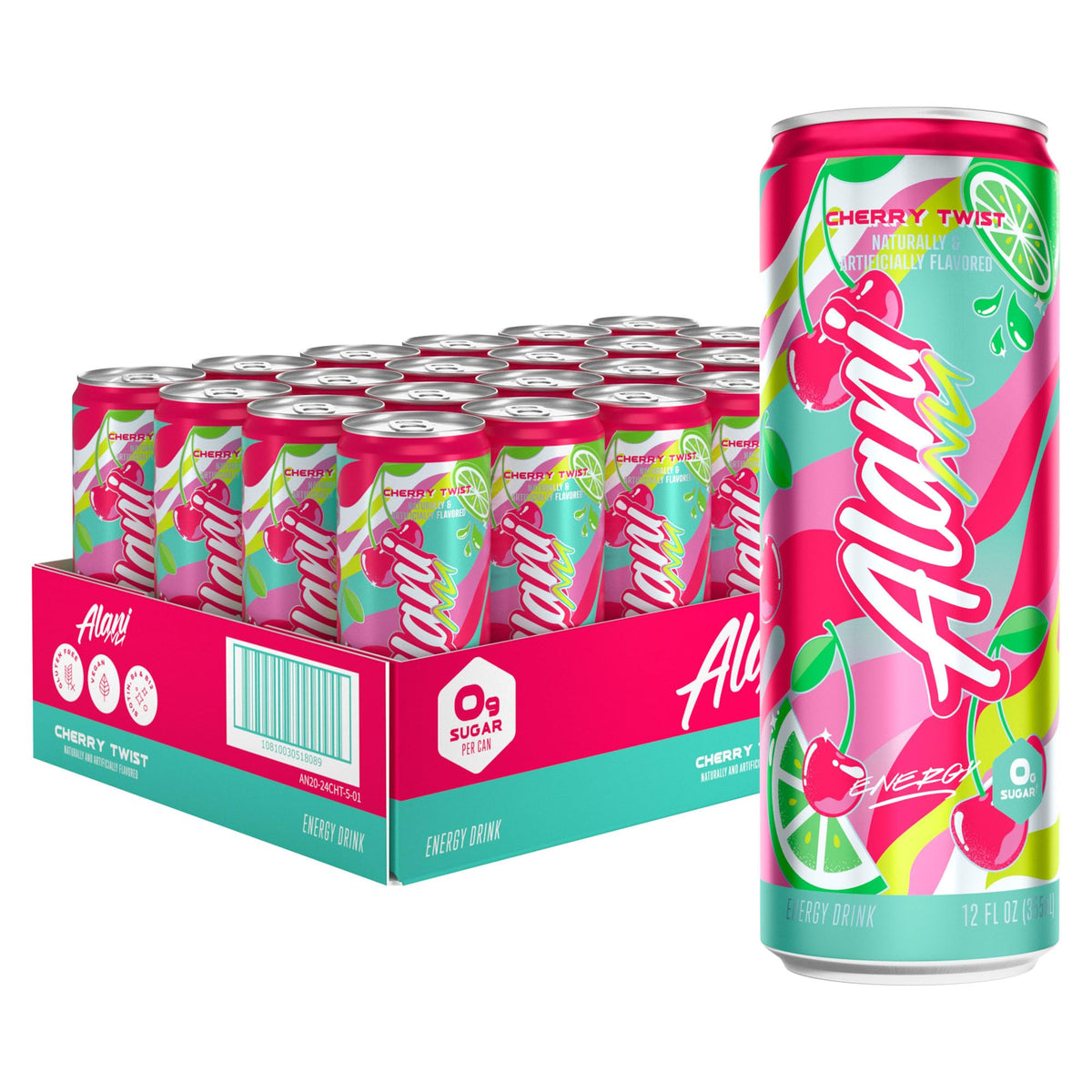 Alani Nu Cherry Twist energy can front view—zero sugar and crisp flavor.