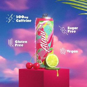 Alani Nu Cherry Twist can side profile—200 mg caffeine for quick energy.